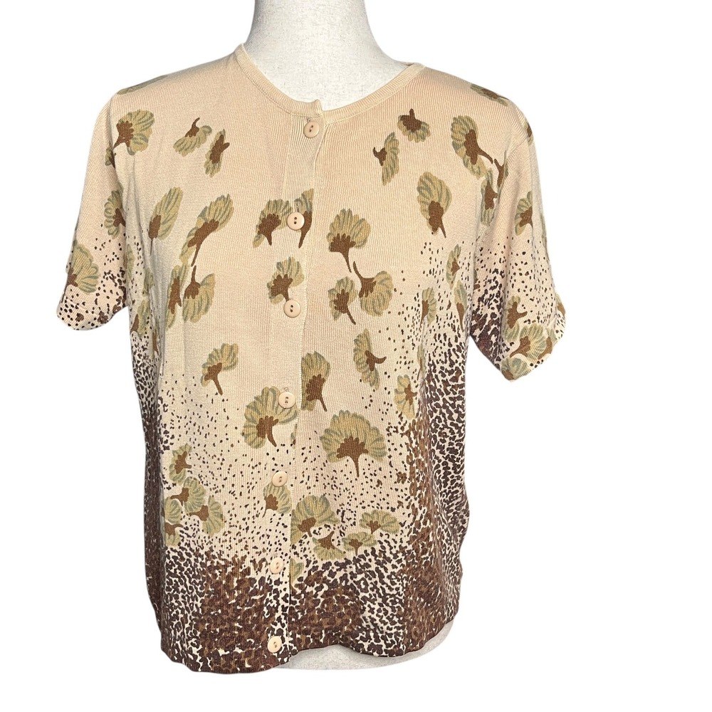 Vtg‎ In Knit Cardigan Sweater Size M Short Sleeve Beige Floral Leopard 80s 90s